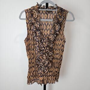 Vintage Serenade Pleated Stretch Top Tank Blouse Ruffle Neck Brown Y2K Fairy